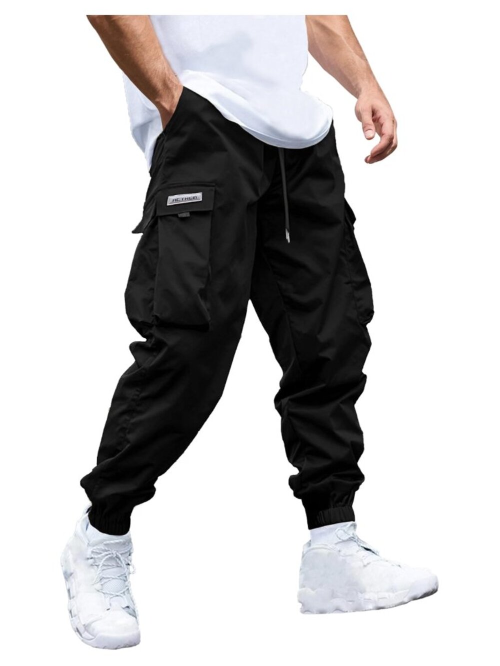 Mens Cargo Joggers Polyester Elastic Waist Drawstring Tapered Casual Pants